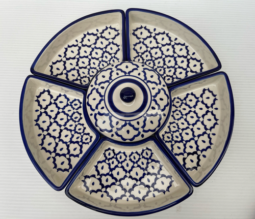Thai Set of 5pc Hors D'oeuvres Pineapple Pattern Blue Hand Painted 15" Wood Tray - Picture 24 of 24
