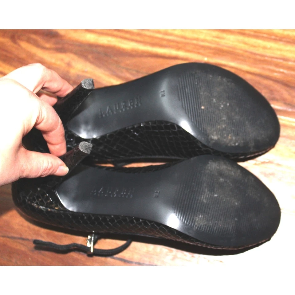 Lauren Ralph Lauren Black Mary Jane Peep Toe Heels Snake Size 7 - Imagem 4 de 4