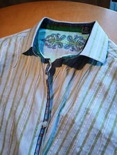Robert Graham Blue Green  Lines Striped Flip Cuff Shirt Sz 2XL ( Fits XL)