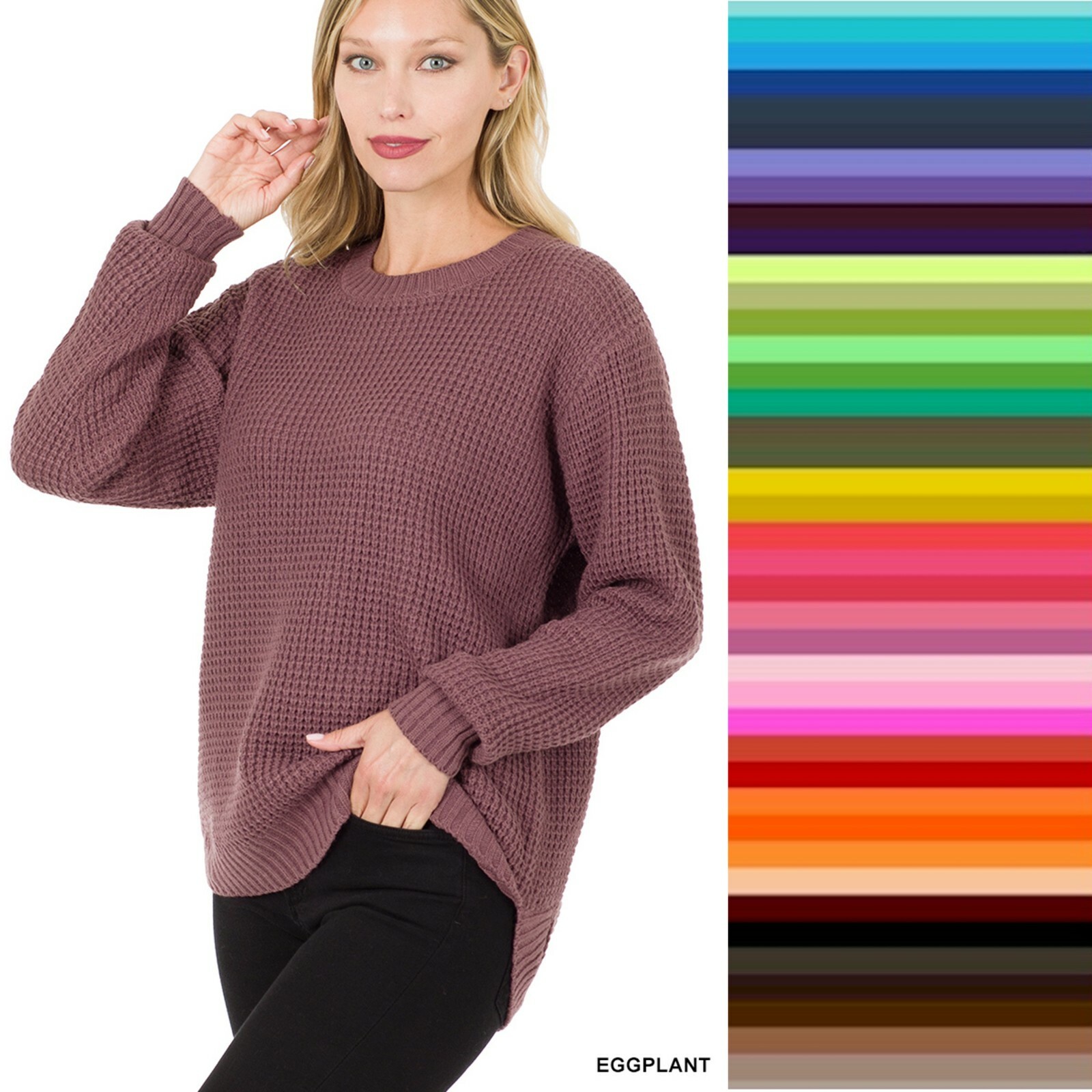 Oversized Slouch Waffle Sweater Crew Neck Long Sleeve Hi Lo XS S M L XL  *USA* | eBay