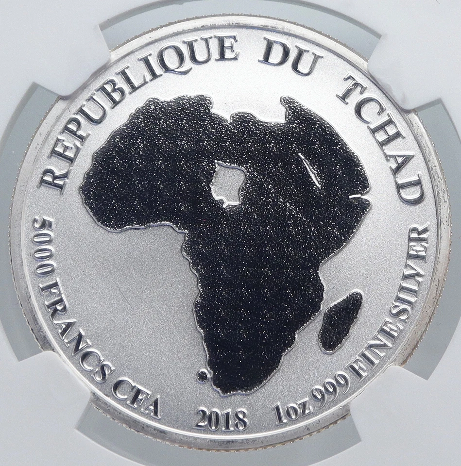2018 CHAD African ARTISTIC LION Map Antique Silver 5000 Francs Coin NGC i89266 - Image 2 of 4