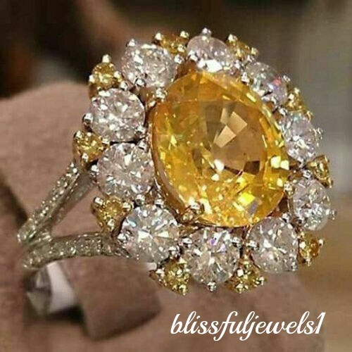 14K 2-Tone Gold Finish 4CT Round Cut Real Citrine Flower Engagement Wedding Ring - Picture 1 of 5