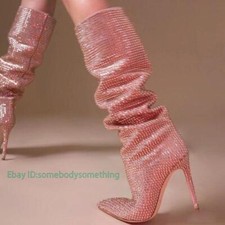 Women's Knee High Boots stilettos High Heels Pointy Toe Leather Rhinestone Boots