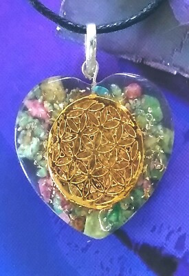 ORGONE RUBY FUCHSITE PENDANT With COPPER FLOWER OF LIFE, ORGONE HEART PENDANT