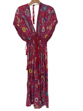 R Vivimos Bohemian Red Floral Maxi Dress womens Tassel Tie size meium