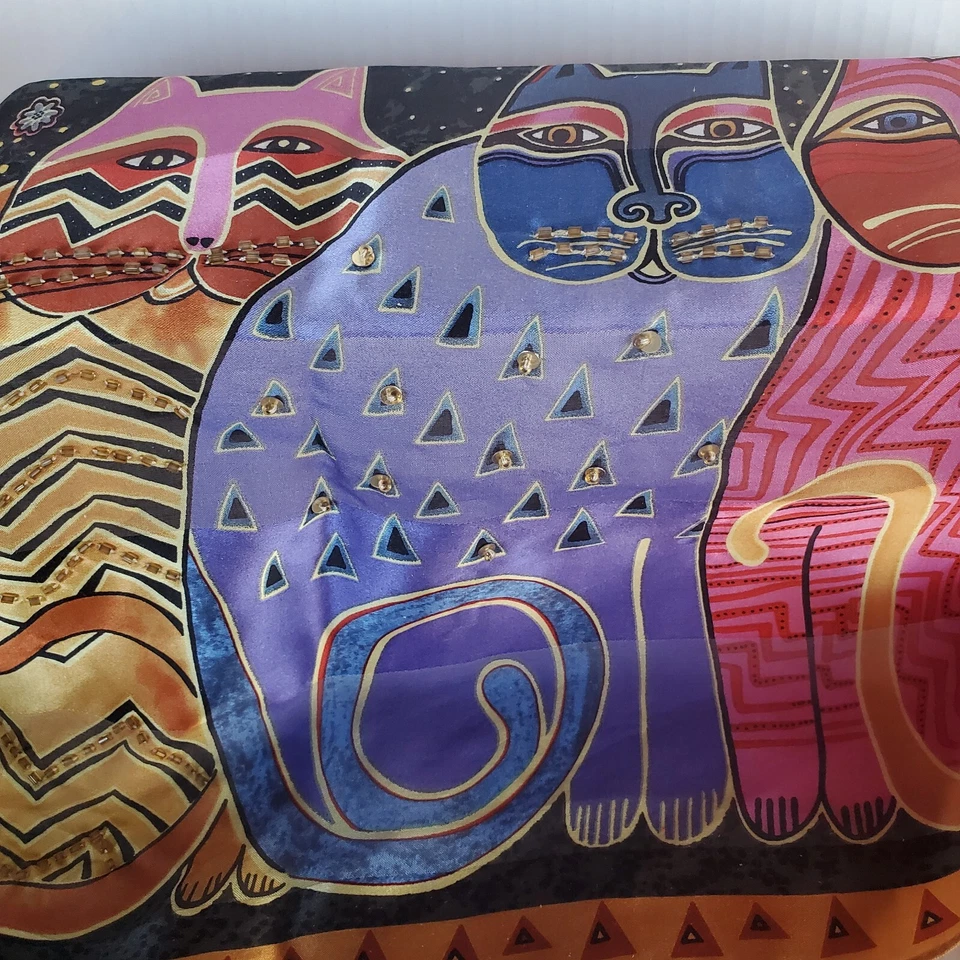 Bufanda vintage Laurel Burch retrato familiar felino multicolor 100 % seda con cuentas Foto 4 de 4