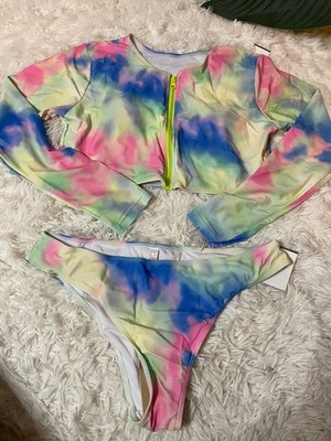 Women s 2 Piece Medium Tie-dye Print Swimsuit Long Sleeves Crop Zipper Front