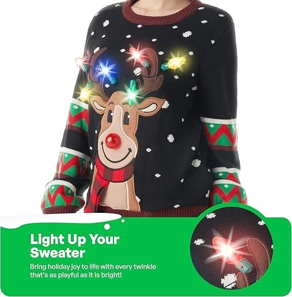 Adult LED Light Up Christmas Ugly Sweater with Light Bulbs, Black Reindeer - Image 3 of 4