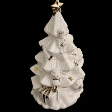 Christmas Tree Tea Light Candleholder White Porcelain W/ Gold Trim Star Cutouts