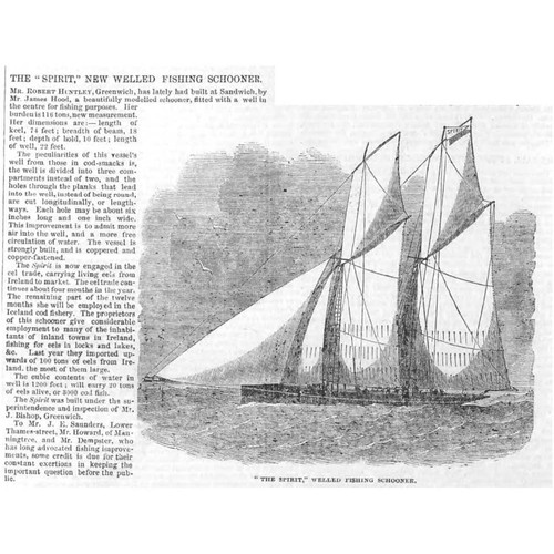 THE SPIRIT Welled Fishing Schoner Built by Hood at Sandwich Antique Print 1851