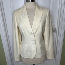 Vintage Bloomingdales Wool Blazer Jacket Ivory Embroidered Size 10 Read
