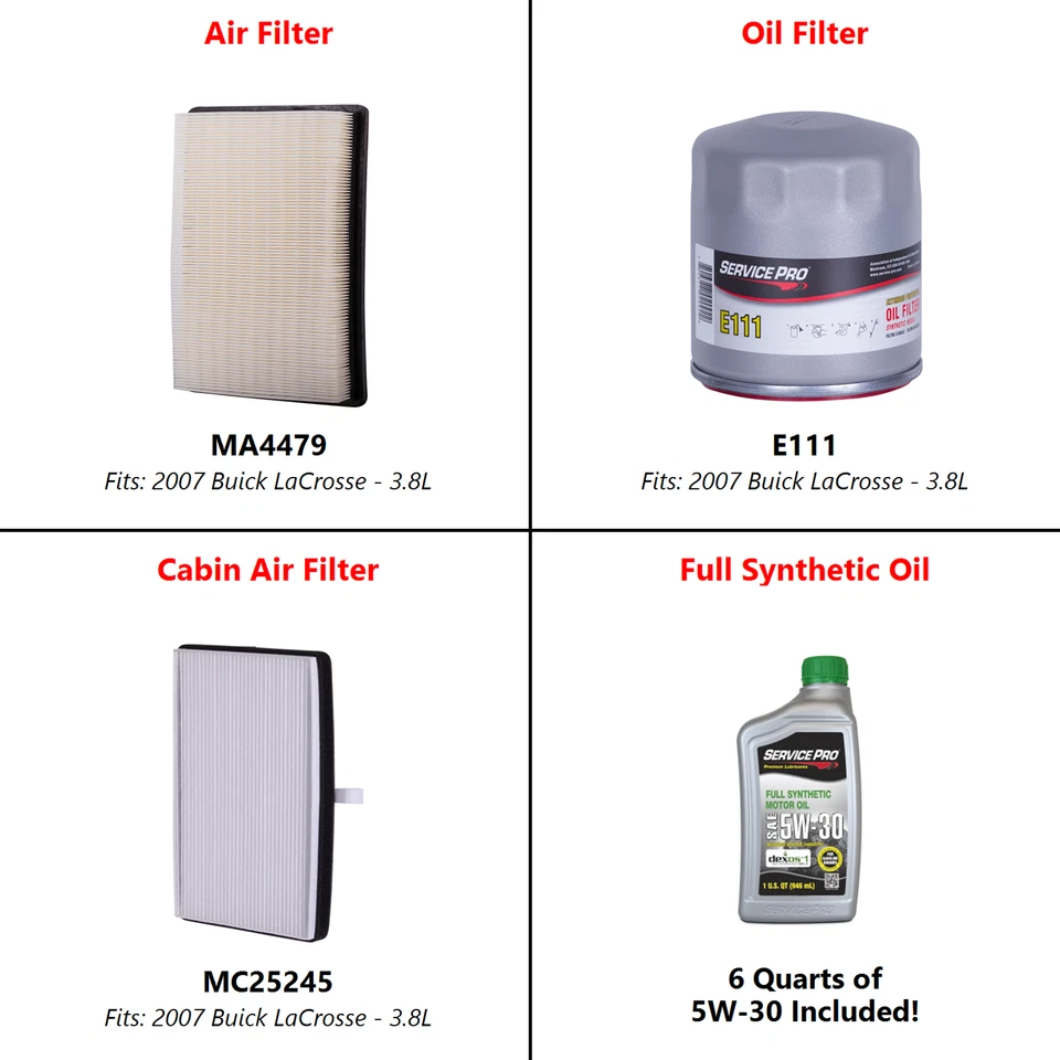 Fits: 2007 Buick LaCrosse 3.8L Complete Air, Oil & Cabin Filter Kit (5W-30) Foto 2 de 4