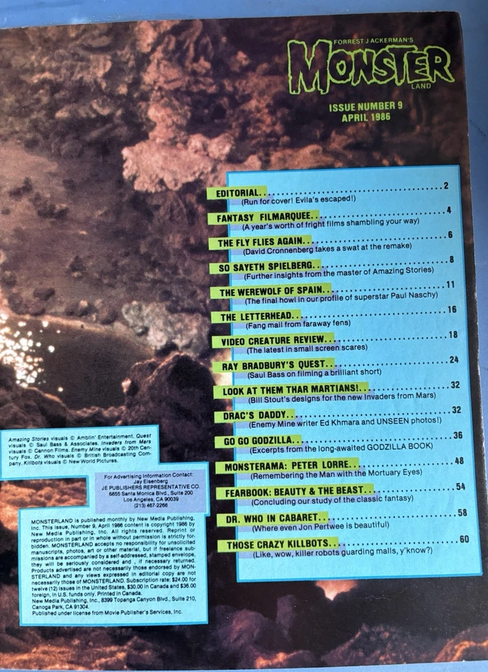Forrest Ackerman MONSTER LAND magazine #9 APRIL 1986 ENEMY MINE GODZILLA THE FLY - Image 3 of 3