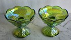 Vintage Indiana Green Iridiscent Carnival Glass Harvest Grape Candle Holders 2