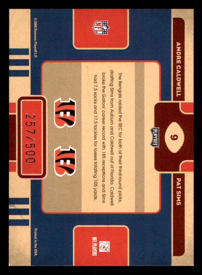 2008 Playoff Contenders Draft Class #9 Andre Caldwell/Pat Sims /500 - Image 2 of 2