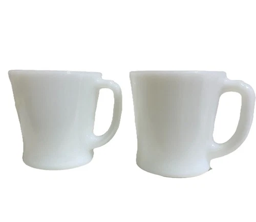 2 Vintage Anchor Hocking Fire King White mugs Milk Glass D Handle Coffee Cups