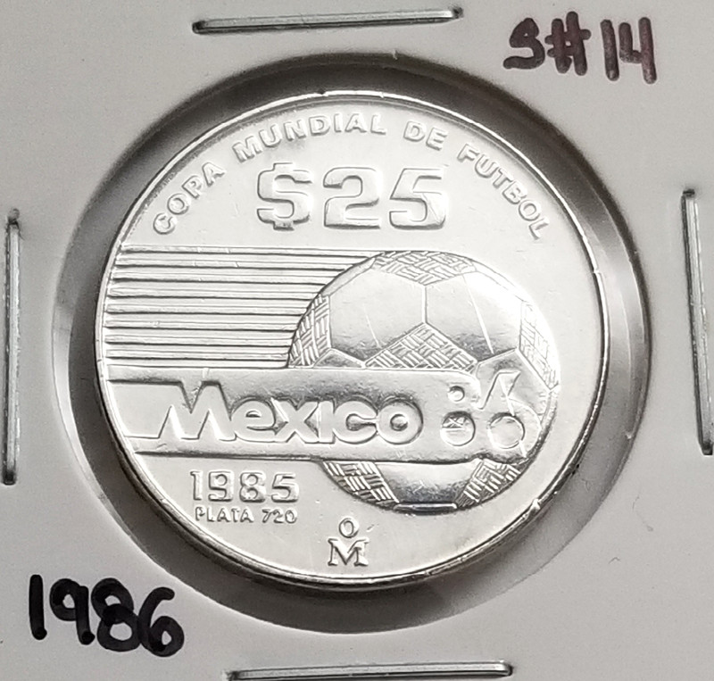 Mexico 25 Pesos 1985 World Cup Mexico 1986 .720 Coin Silver, Mundial Mexico 1986