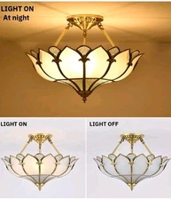 25" Petal Brass Semi-Flush Mount Ceiling Light, Elegant Frosted Glass & Brass