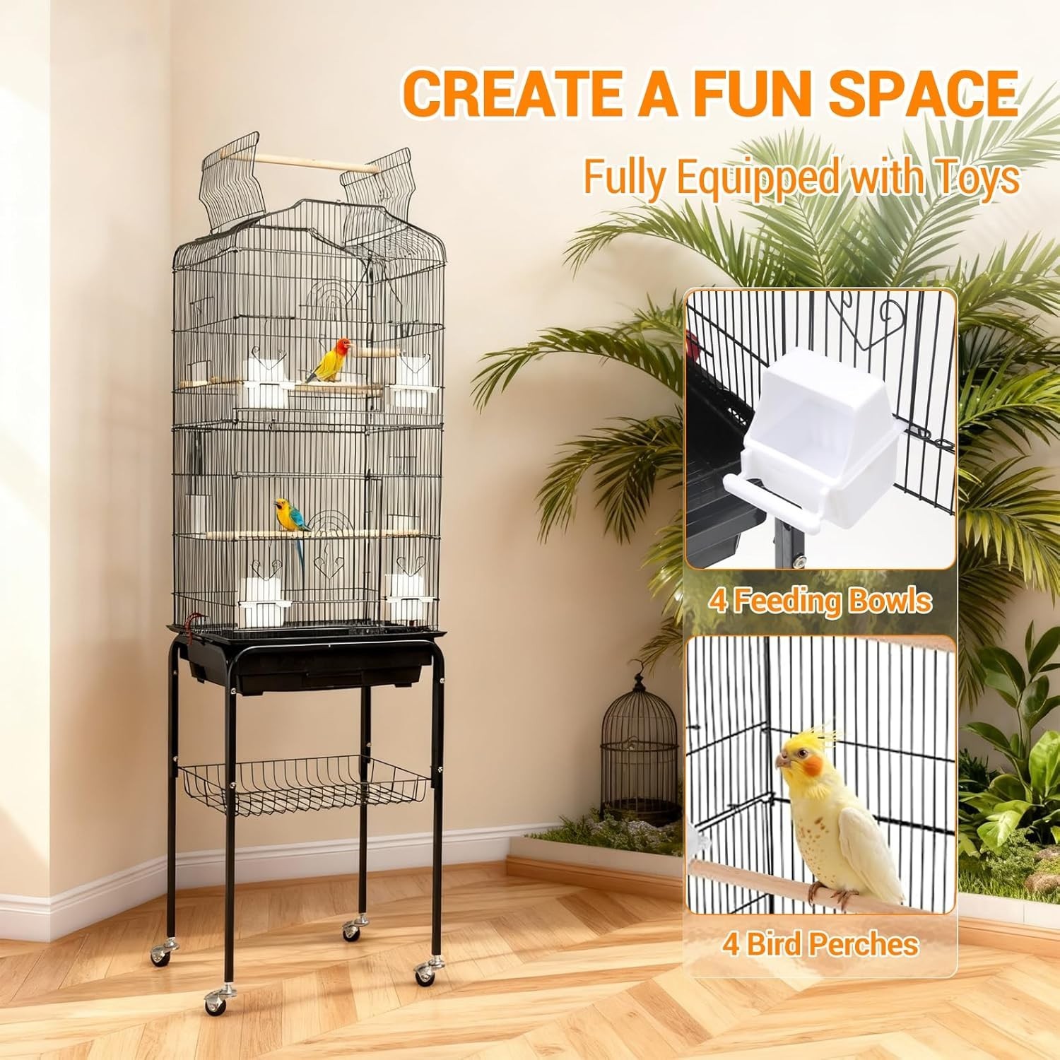 Grande cage à oiseaux en métal à roulettes pour perruches et calopsittes