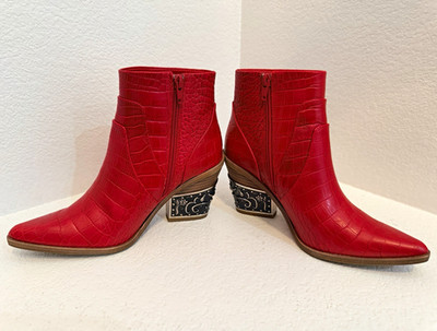 Gianni Bini Evieetwo Red Croc Leather Pointed Toe Ankle Bootie Zip 7M