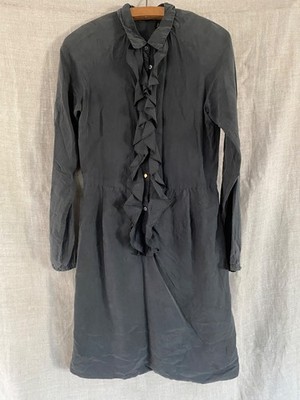 Pre-Owned 120% Lino Athracite Silk  Ruffle Dress made in italy size 4