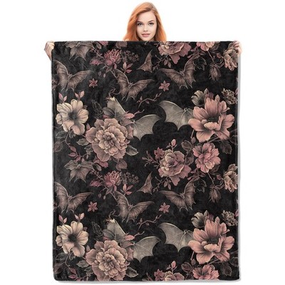 Gothic Floral Bat Halloween Flannel Throw Blanket 80x60 Inch Soft Warm Plush