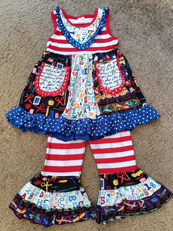 Girl's 2 Piece Outfit. Polka Dots, Stripes, & Ruffles. Sz. 2XL. CUTE!