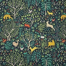 ROBERT ALLEN FOLKLAND ADMIRAL BLUE CHEETAH FOREST ANIMALS FABRIC BY YARD 54"W
