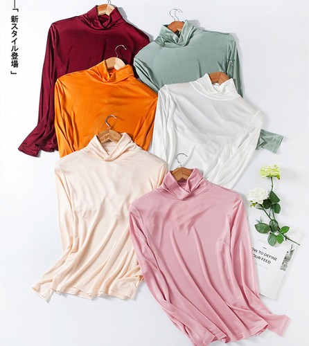Damen Hochkragen Flor Kragen Top T-Shirt Maulbeerseide Unterteil Shirt Schildkröte - Bild 4 von 29