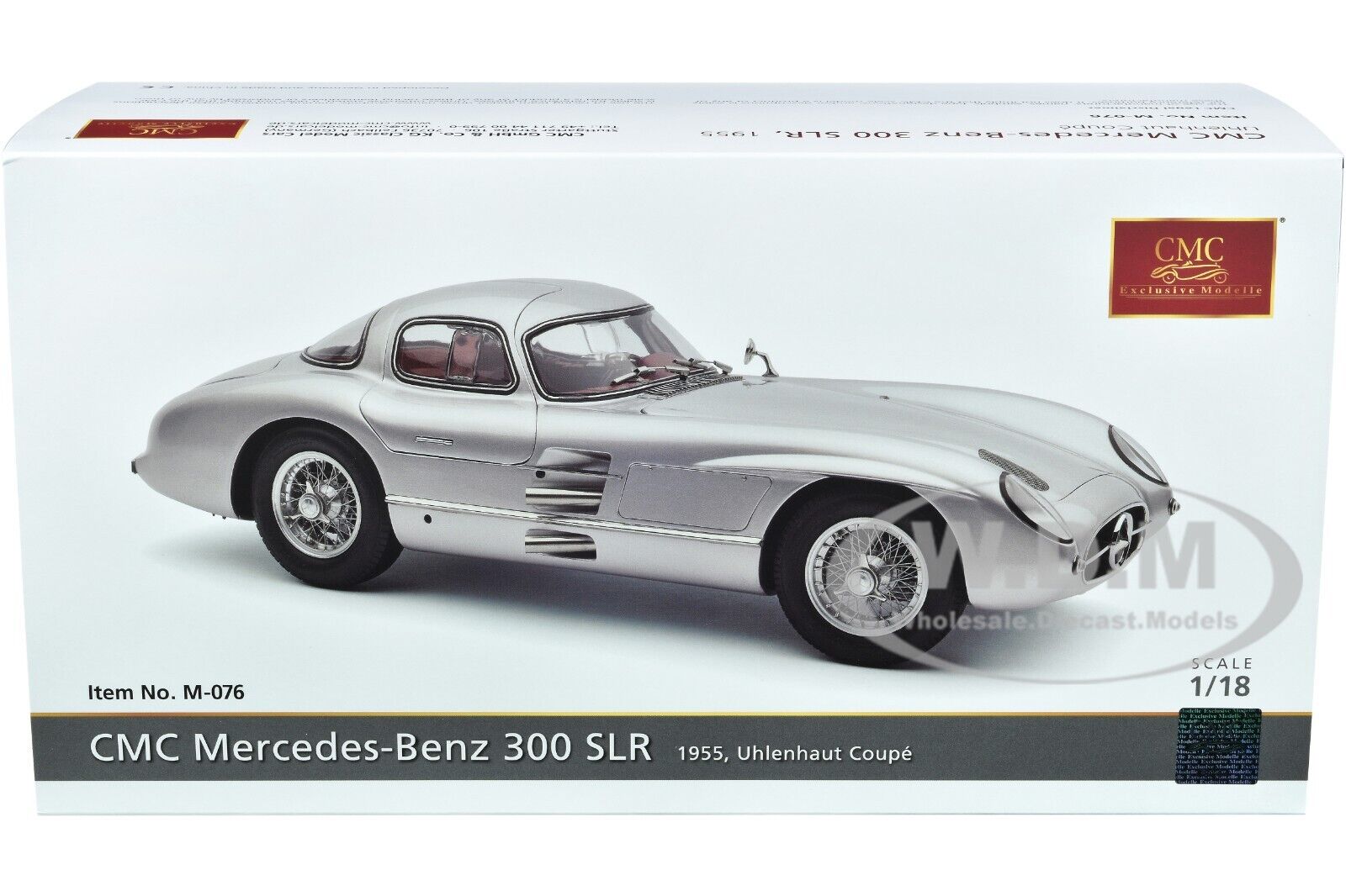 1955 MERCEDES-BENZ 300 SLR UHLENHAUT COUPE SILVER 1/18 DIECAST MODEL CMC M-076