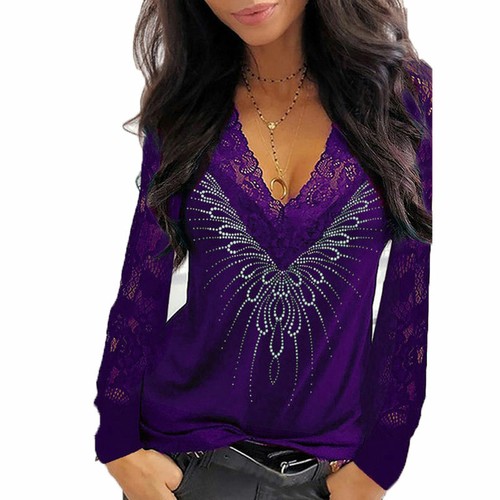 Damen Spitze V-Ausschnitt Tops Langarm Damen Freizeit Bluse Shirt Übergröße Pullover - Bild 10 von 12
