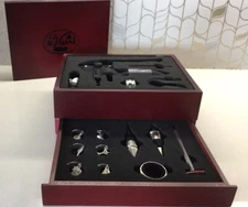 La Vigna Wine Bottle Opener w/ Accessories & Wine Glass Charms in Wood Box