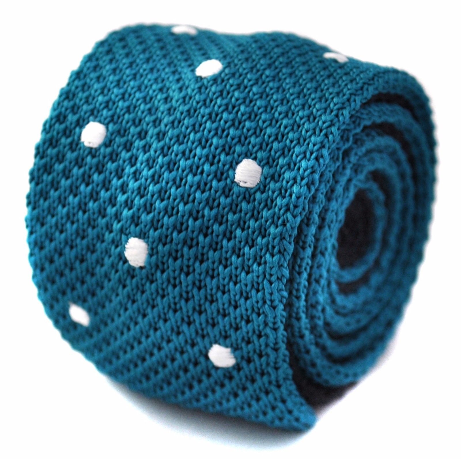 Frederick Thomas Knitted Silk Mens Tie - Turquoise / Teal - Polka Dot Skinny