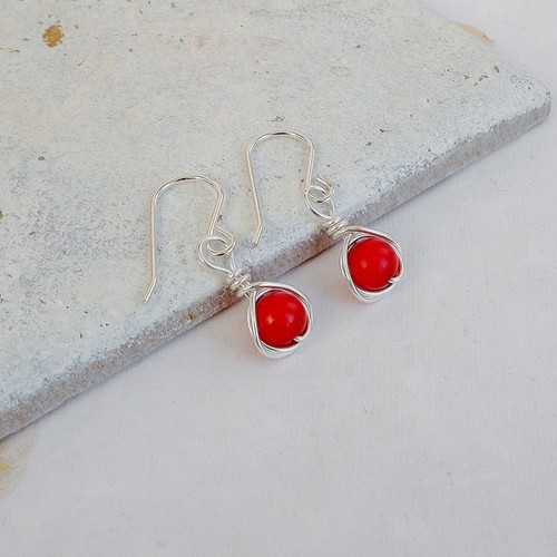 Red Coral Drop Earrings Sterling Silver Handmade, Gift Wrapped - Picture 4 of 4