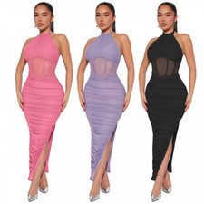 Women's Dress Hanging Neck Sleeveless Mesh Double Layer Split Sexy Evening Dress