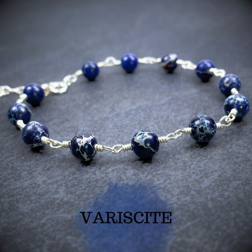 Pulsera Variscite - Azul Oscuro - Plata Argentina 935 - Piedras Preciosas Envueltas en Alambre - Imagen 1 de 7