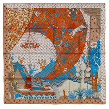 Auth. Hermes Silk Scarf Le Premier Chant - Orange Blanc Bleu New With Tag