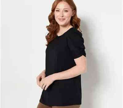 Susan Graver Cool Touch Knit Twisted Puff-Sleeve Top-Black-5X  A470163 NEW