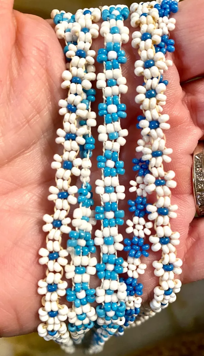 VTG Glass Seed Bead Flower Jewelry Blue White Handmade 1930s Necklaces  Bracelet