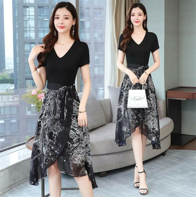 Black Chiffon Dress Womens Summer 2022 New Slim Floral Casual