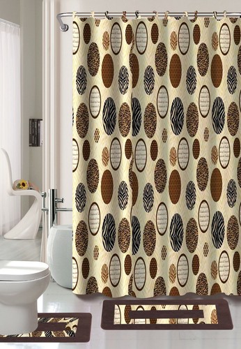 15PC SHOWER CURTAIN MATCHING FABRIC HOOKS BATH MATS RUGS COMPLETE BATHROOM SET - Picture 6 of 30