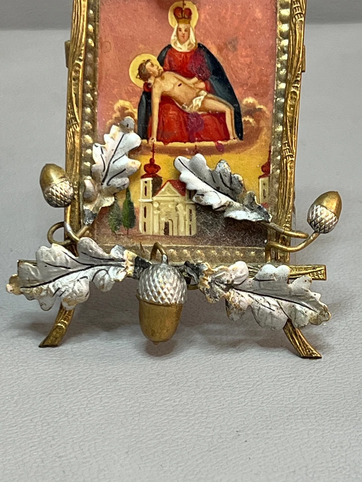 古董法国黄铜框架手绘玛丽和耶稣镶嵌橡木叶和橡子 — 第 2/4 张图片