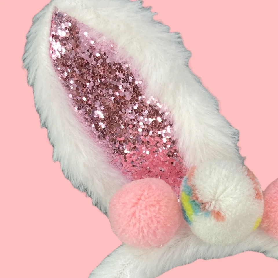 Kids Furry Easter Bunny Rabbit Ears Headband with Poms & Glitter Ears Age 3+ NEW - Image 3 of 4