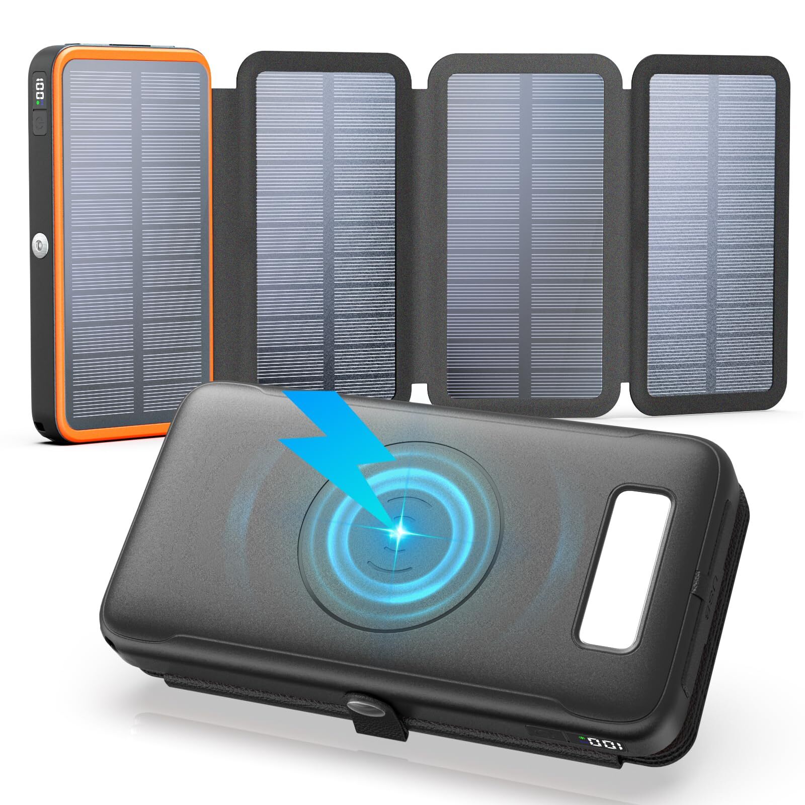 Solar Charger Power Bank, 27000mAh Wireless Portable Charger with 4 Solar Pan...
