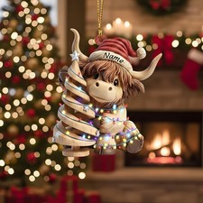 Personalized Highland Cow Christmas Ornament: 2D Flat Acrylic Cattle