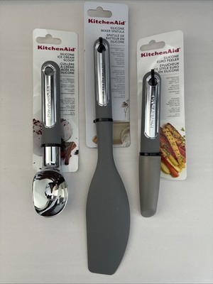 New KitchenAid Silicone Heat Resistant 3 Pc Gray HGSA Spatula Peeler Ice Cream