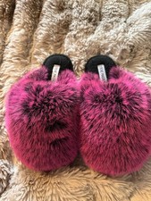 Steve Madden Poof Beige Fushia Fur Slip-On Women's Closed Toe Slippers Size 7