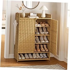 Rattan Shoe Cabinet,6-Tier 39.8" Tall Shoe Storage Cabinet with Rustic Oak