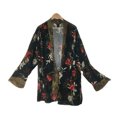 Sheer Floral Kimono L Black Red Boho Festival Cardigan Tie Front Wide Sleeve