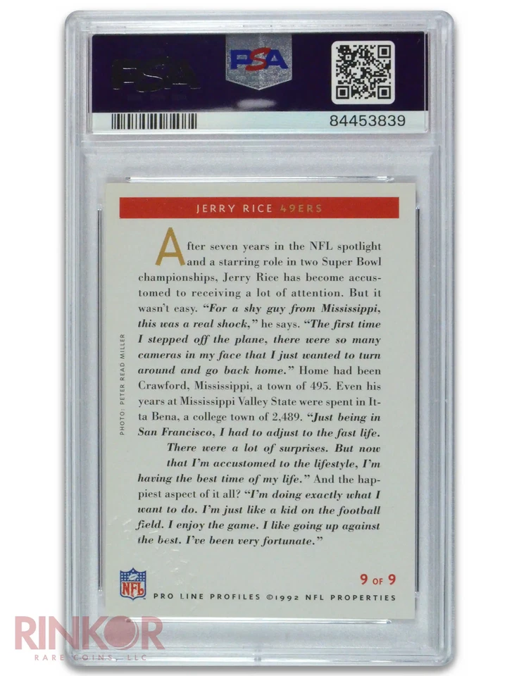 1992 Pro Line Profiles Auto Jerry Rice #9 PSA/DNA MINT 9 AUTO 10 - Image 2 of 3